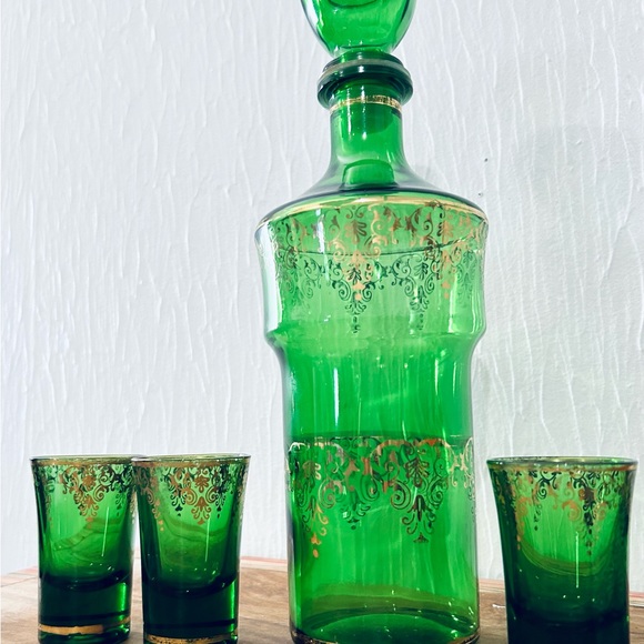 Mid century, green glass decanter set Blown Glass with 22k Gold - Picture 12 of 12